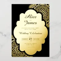 Mandala Border Elegant Black Gold Foil Wedding Invitation
