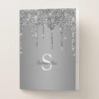 Silver Glitter Sparkle Drip Foil Monogram Name Pocket Folder