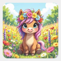 Pretty Pony with Flowers Square Sticker