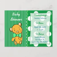 Cute Teddy Bear Green Baby Shower Invitation