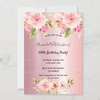 100th birthday blush pink metallic floral invitation
