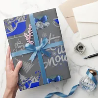 Blue & Silver Let It Snow on Grey | Wrapping Paper