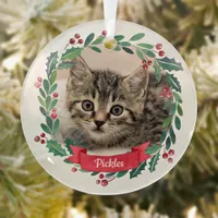 Custom Pet Cat Photo Watercolor Wreath Christmas Glass Ornament