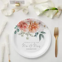 Peonies Peach Coral Congrats Mr Mrs Wedding  Paper Plates
