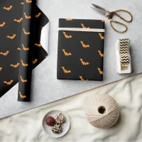 Halloween Bats Orange on Black Wrapping Paper