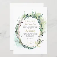 Watercolor Olive Leaves Wreath Geometric Wedding Invitation