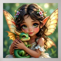 Brown Eyed Elven Fairy and Dragon  Poster