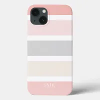 Simple Modern Pink Grey Cream Stripes Monogram iPhone 13 Case