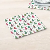 Quirky Whimsical Decorated Christmas Trees Doodles Square Paper Coaster