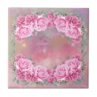 Elegant Feminine Romantic Pink Roses Arrangement Ceramic Tile