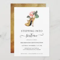 Stepping Into 16 Chic Floral Gold Heels Birthday I Invitation