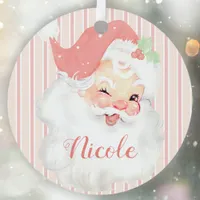 Blush Pink Vintage Santa Christmas Tree Add Name Metal Ornament