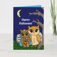 Hand Drawn Cartoon Owls  Halloween Greetings Holiday Card