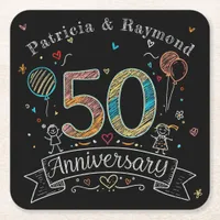 Chalkboard Doodles 50th Anniversary Personalized Square Paper Coaster