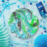 Lime Green and Blue Marble like Swirls  Bubbles Paper Plates
