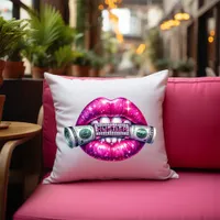 Hot Pink Bling Lips Money Hustler Urban Chic Throw Pillow