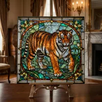 Vintage Faux Stained Glass Tiger Jungle Mosaic Ceramic Tile