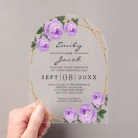 Elegant Gold Glitter Geometric Purple Floral Wed Acrylic Invitations