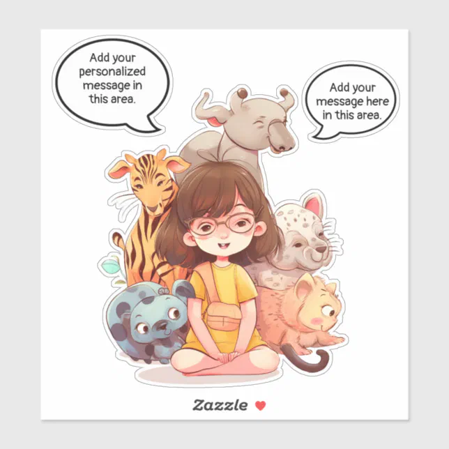 Young girl with cute animals sticker