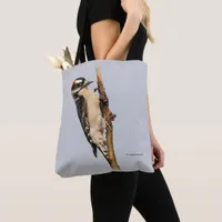 Cute Downy Woodpecker on Fruit Tree Tote Bag