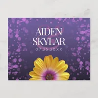 Elegant Golden Daisy with Purple Glitter Wedding Announcement Postcard