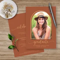 Modern Terracotta Gold Arch Photo Graduation Invitation