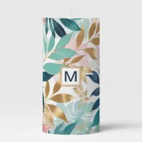 Elegant Leaf Pattern Pretty Leaves Monogrammed Pillar Candle