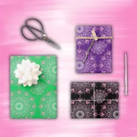 Pretty pink mandala on green, black, purple | wrapping paper sheets