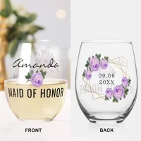 Maid of Honor Gold Glitter Geo Purple Floral Wed Stemless Wine Glass