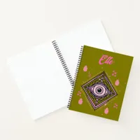 Hamsa Hand with Evil Eye and Hearts Pink on olive Notebook