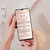 Birthday dinner menu rose gold sparkles card