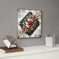 Rose Arrangement on Elegant Marble Square Wall Clock