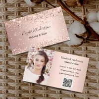 Rose gold blush pink photo qr code business card