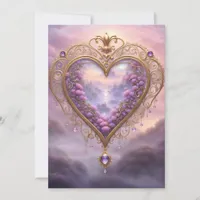 Victorian golden heart with lilac flowers, vintage holiday card