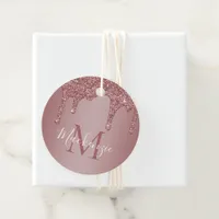 Luxury Rose Gold Sparkle Glitter Drips Monogram Favor Tags