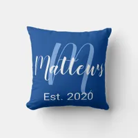 Modern Script Monogram in Blue Throw Pillow