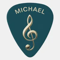 Elegant Midnight Teal Faux Gold Treble Clef Custom Guitar Pick