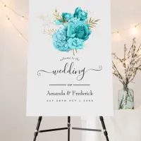 Aqua Blue and Gold Floral Wedding Welcome Foam Board