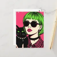 A woman with lime hair and her black cat  postcard