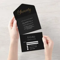 70th birthday black gold script rsvp all in one invitation