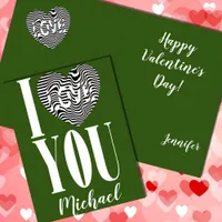 I love you black and white striped heart on green holiday card