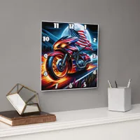 Bike with flag by moonlit lake square wall clock