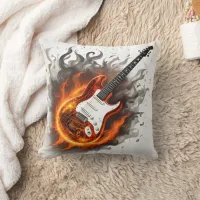 Guitar engulfed in vibrant flames and music notes throw pillow