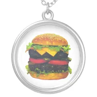 Double Deluxe Hamburger with Cheese Silver Plated Necklace