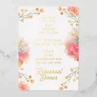 Tropical Peach Flowers Rehearsal Dinner Foil Invitation