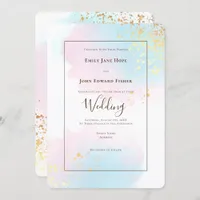 Elegant Pink Teal Watercolor Gold Confetti Wedding Invitation