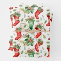 Pretty Watercolor Red and Green Stockings Wrapping Paper Sheets