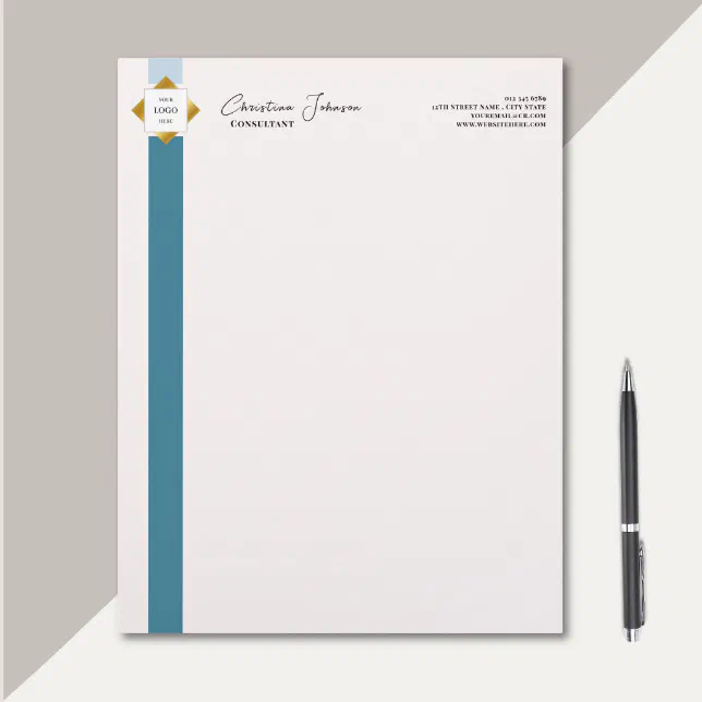 Trendy Teal Stripes Gold Logo Notepad