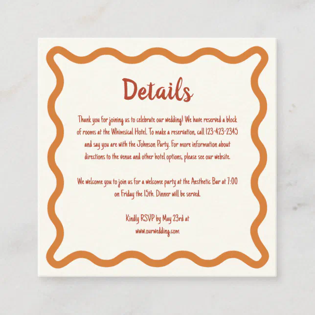 Handwritten Whimsical 70s Border Wedding Details  Enclosure Card