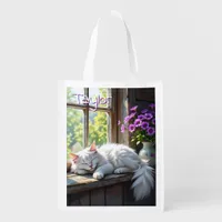 White Cat and Purple Flowers Personalized Grocery Bag
